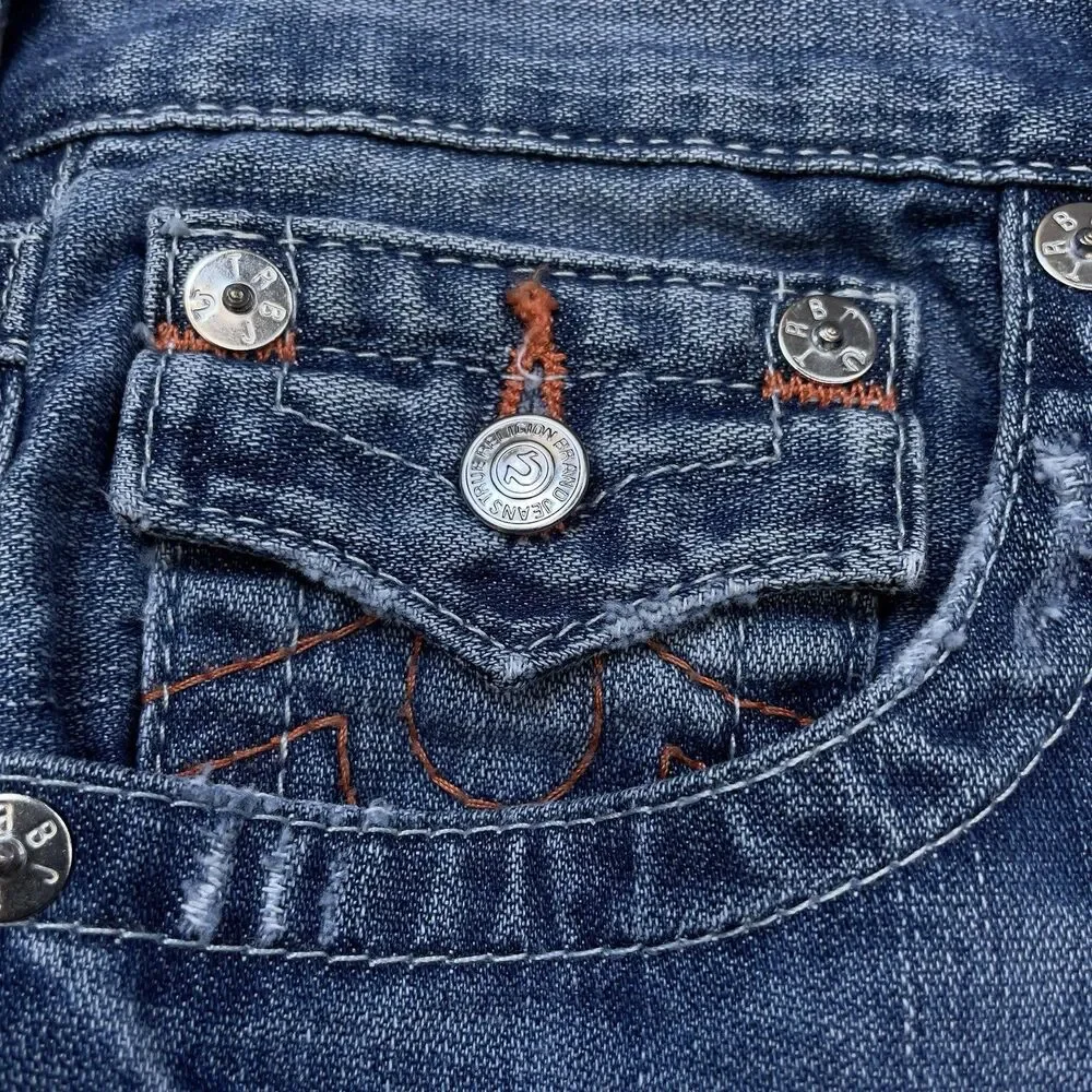 True Religion Skinny Flap Mesh Men’s W28 L34 Blue Jeans With Orange Embroidery